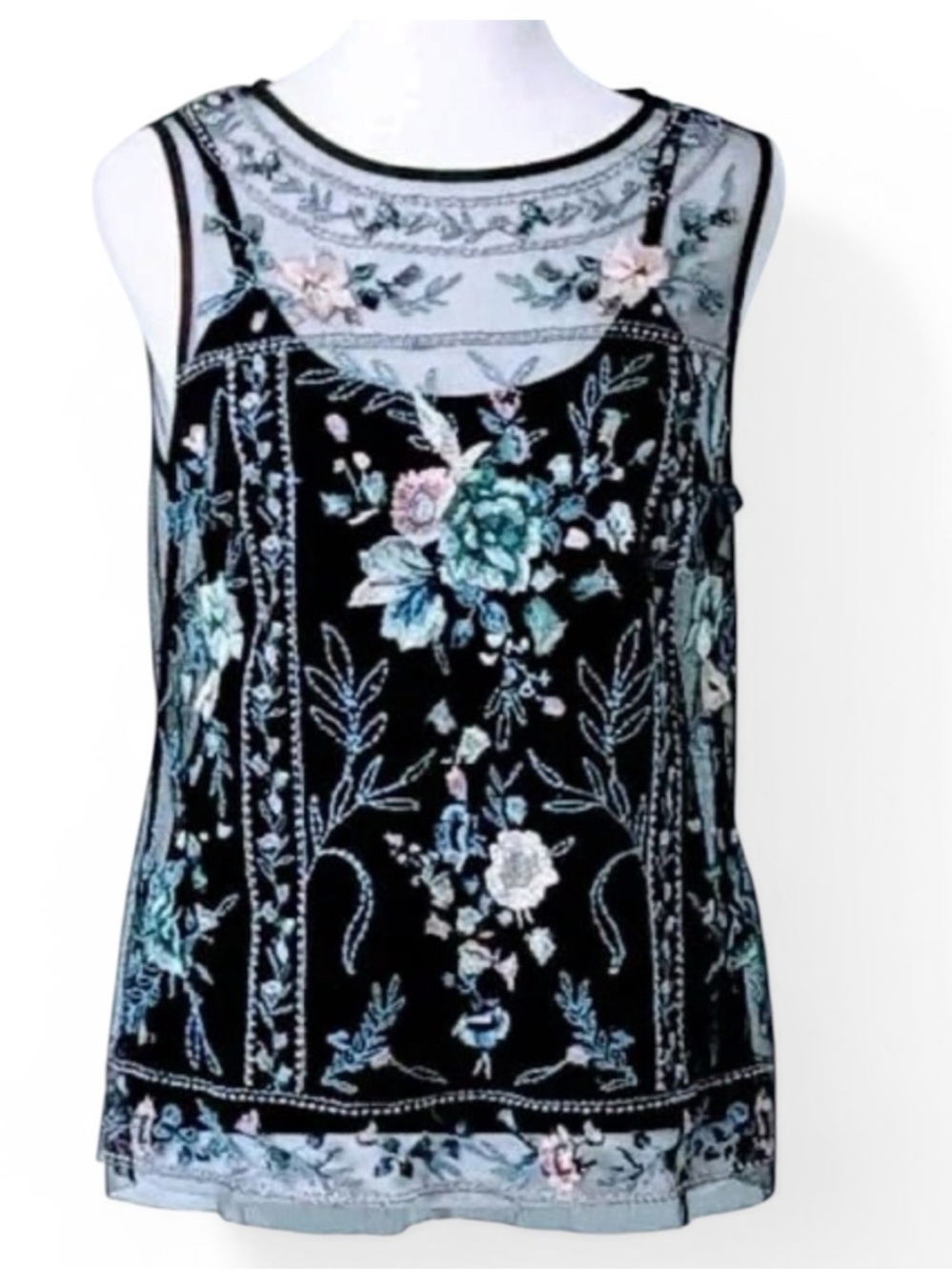 White House Black Market Top Black Blue Floral Sheer Camisole Tank Extra Small